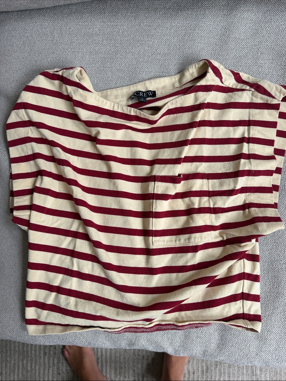 J. Crew Cotton Cream and Burgundy Striped Short-Sleeve Pocket Tee